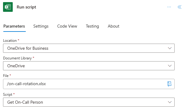 The Power Automate connector settings for running a script.