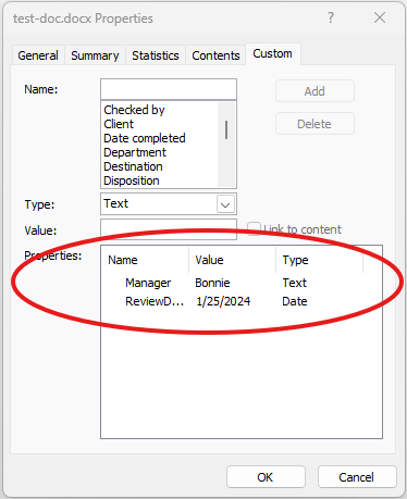 Advanced Properties dialog with custom properties