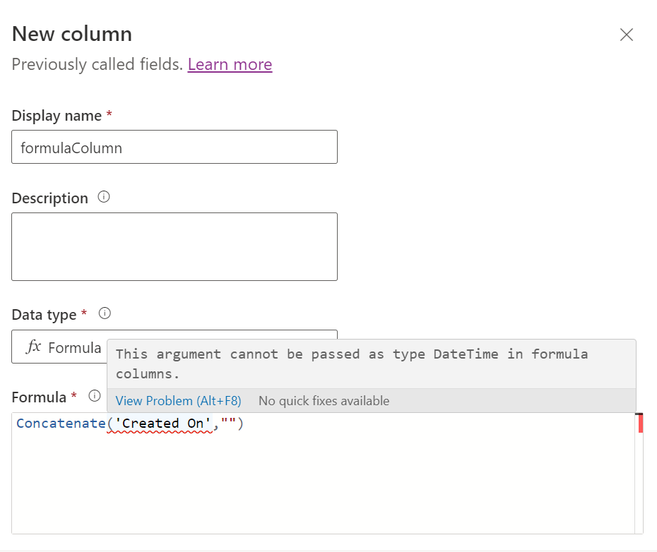 Kolumna formuły z nieobsługiwanym parametrem daty i godziny przekazanym w formule