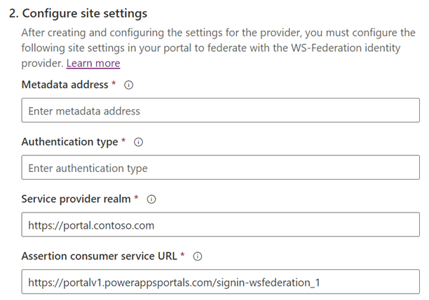 Konfigurowanie ustawień witryny usług federacyjnych w sieci Web.