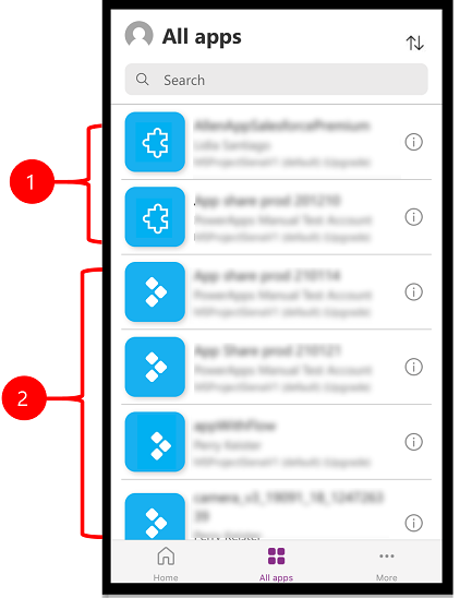 Interfejs aplikacji mobilnej Power Apps z aplikacjami opartymi na modelu i kanwie.