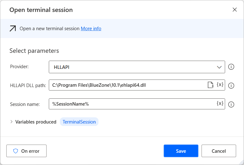 Zrzut ekranu akcji Open terminal session z zaznaczoną opcją HLLAPI.