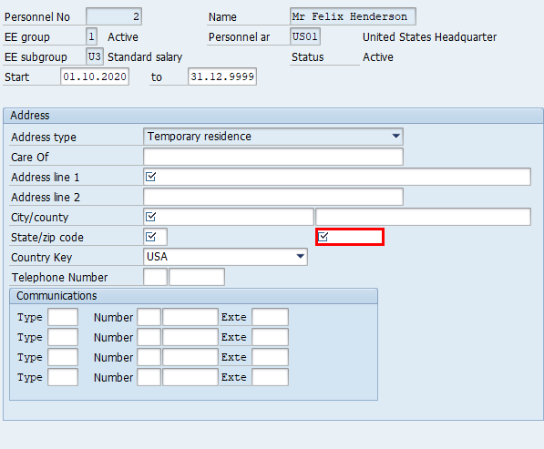 Zrzut ekranu okna Tworzenie adresów w systemie SAP Easy Access z podświetleniem pola kod pocztowy w obszarze Adres.