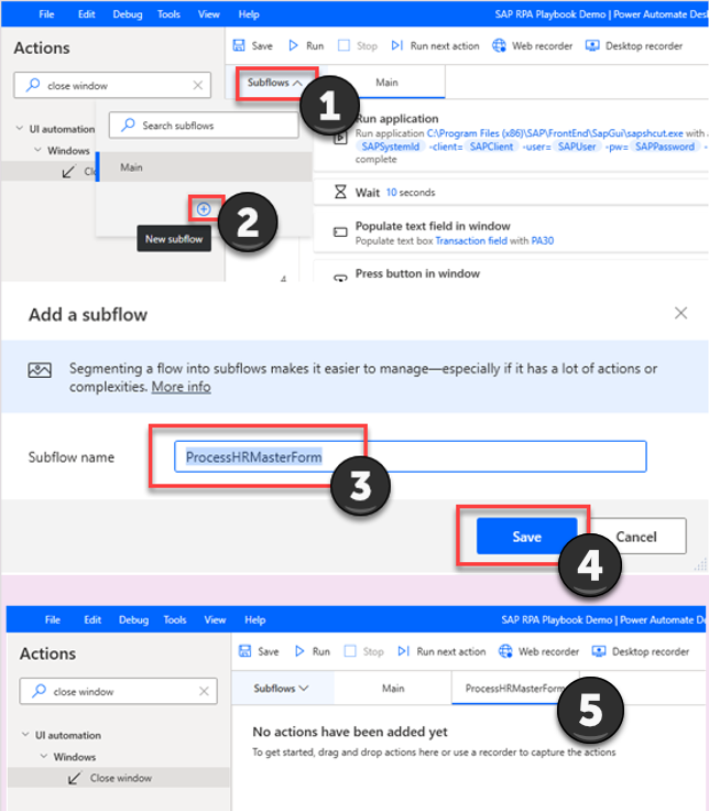 Zrzut ekranu okna projektanta Power Automate Desktop z otwartym obszarem przepływów podrzędnych oraz dodanym i nazwanym nowym przepływem.