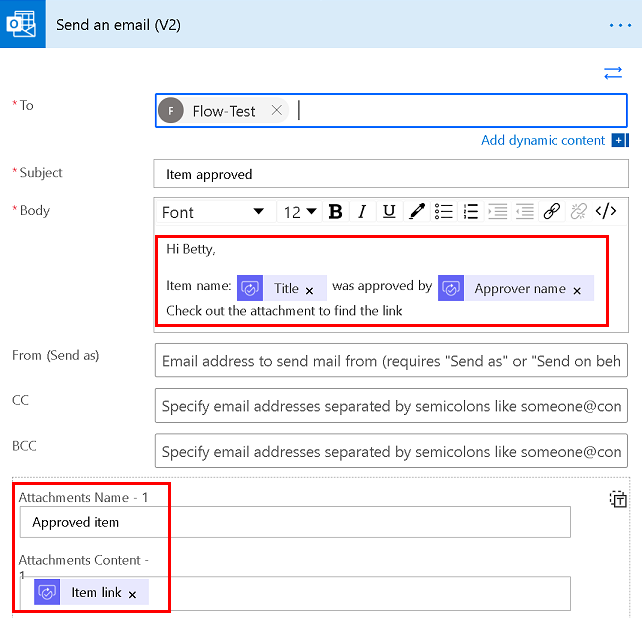 Zrzut ekranu przedstawiający przykład wiadomości e-mail, która korzysta z zawartości dynamicznej w treści wiadomości e-mail.