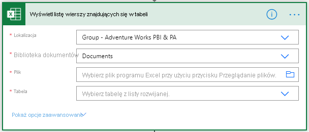 Screenshot that shows where to select the location of the Excel Online table.