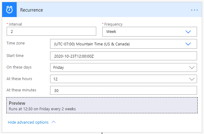 Screenshot that shows the advanced options for setting the recurrence.