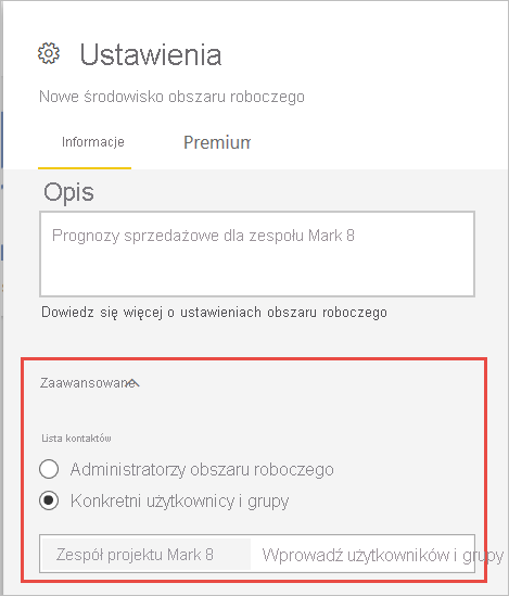 Zrzut ekranu przedstawiający kontakty obszaru roboczego.