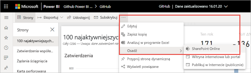 Zrzut ekranu przedstawiający menu Więcej opcji z wyróżnioną opcją sharePoint Online.