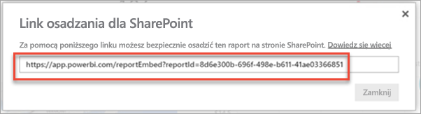 Zrzut ekranu przedstawiający okno dialogowe Osadzanie linku z wyróżnionym linkiem raportu.