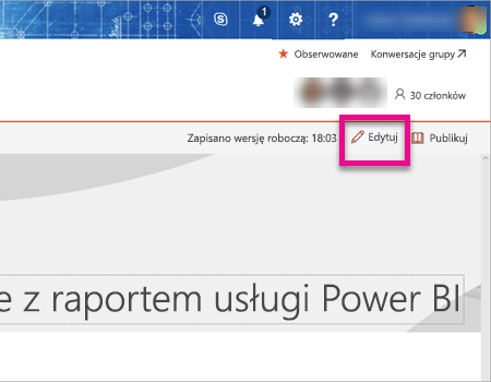 Zrzut ekranu przedstawiający stronę edycji programu SharePoint z wyróżnioną opcją edycji.