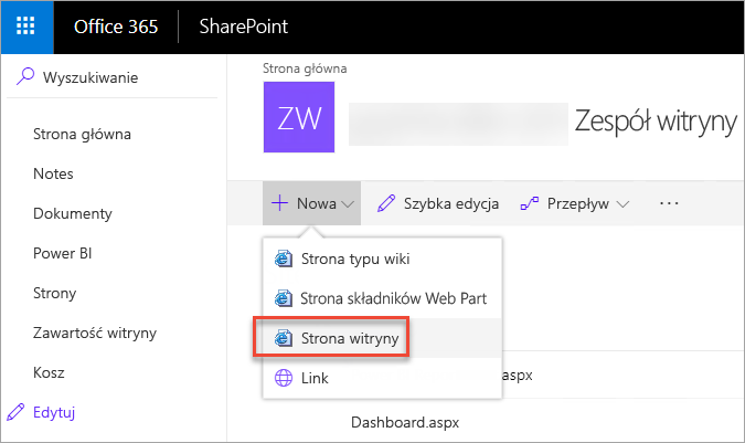 Zrzut ekranu przedstawiający okno programu SharePoint. Strony są wyróżnione w okienku nawigacji. Strona witryny jest zaznaczona.