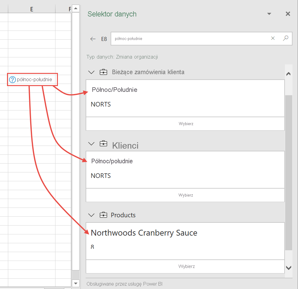 Screenshot of Excel Data Selector pane with multiple possibilities.