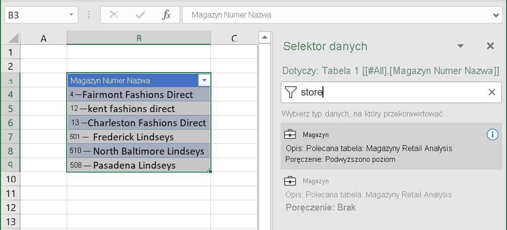 Screenshot of Excel Organizational Data, Suppliers data type table.