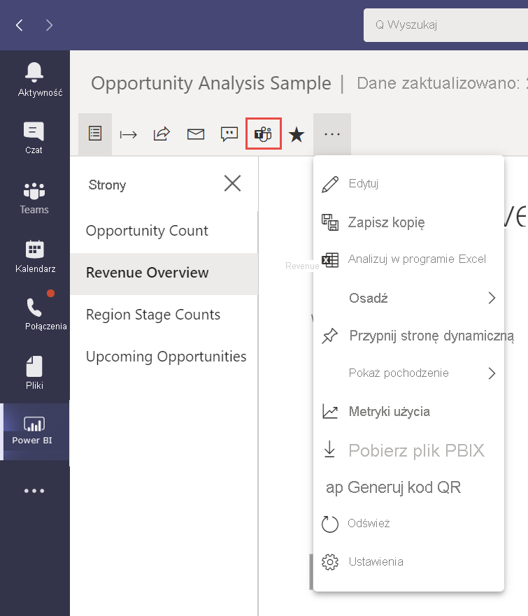 Zrzut ekranu przedstawiający raport przykładu Opportunity Analysis w aplikacji Microsoft Teams z wyświetloną pozycją Przegląd przychodów i wybraną opcją Udostępnij.