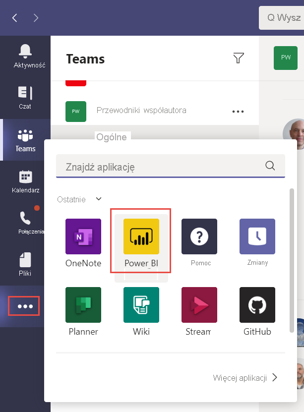 Zrzut ekranu przedstawiający stronę teams z wybranym menu Więcej dodanych aplikacji. Usługa Power BI zostanie wprowadzona na pasku wyszukiwania i wybrana z listy aplikacji.