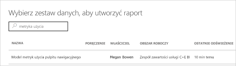 Zrzut ekranu przedstawiający wybieranie semantycznego modelu raportu metryk użycia.