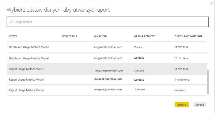 zrzut ekranu pokazujący połączenie z semantycznym modelem raportu użycia.