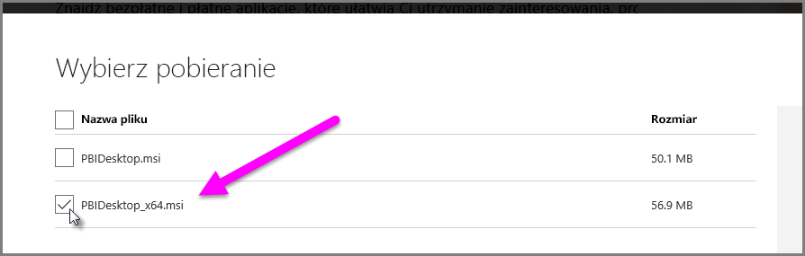 Screenshot that shows choosing the bit version of the Power BI Desktop download.