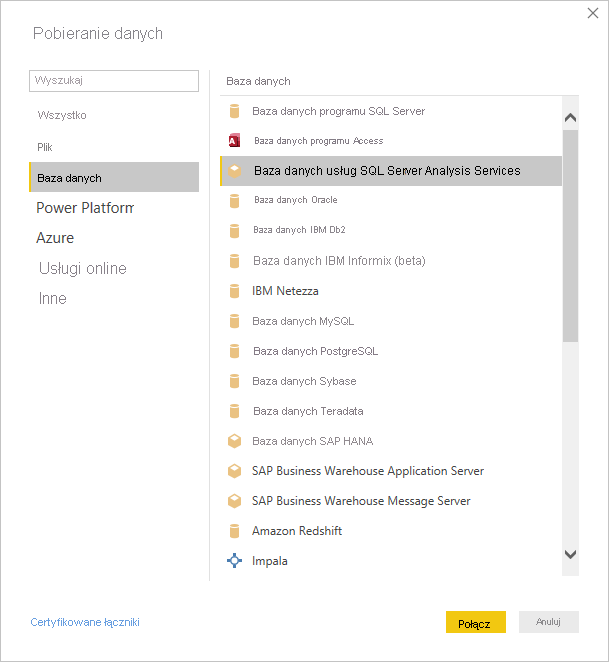 Zrzut ekranu przedstawiający okno dialogowe Pobieranie danych z wybraną bazą danych usług SQL Server Analysis Services.
