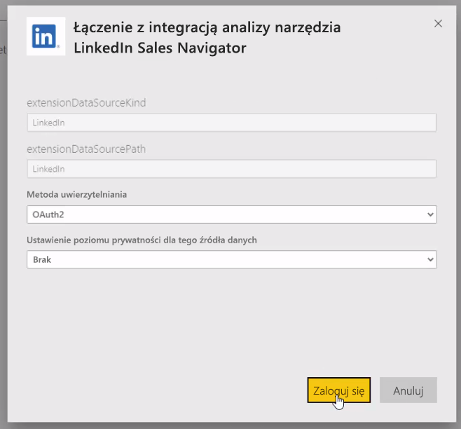 Zrzut ekranu przedstawia okno dialogowe, w którym można zalogować się w celu nawiązania połączenia z usługą LinkedIn.