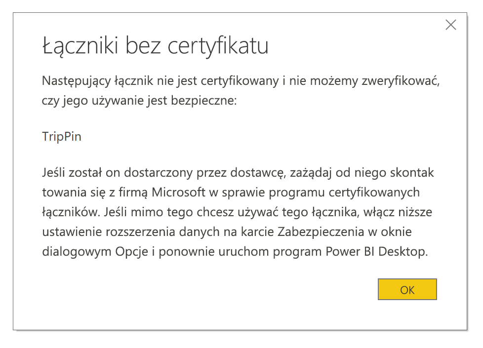 Zrzut ekranu przedstawiający okno dialogowe Niecertyfikowane łączniki.