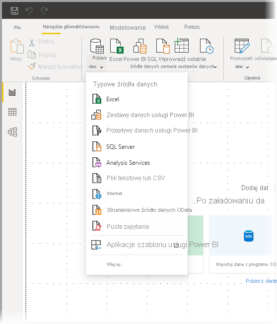 Zrzut ekranu przedstawiający menu Pobieranie danych i Typ danych w programie Power BI Desktop.