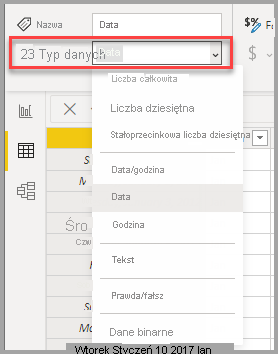 Screenshot of Data View, showing the Data type dropdown selection.