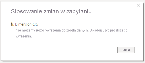 Screenshot of Apply query changes message: We couldn't fold the expression to the data source.