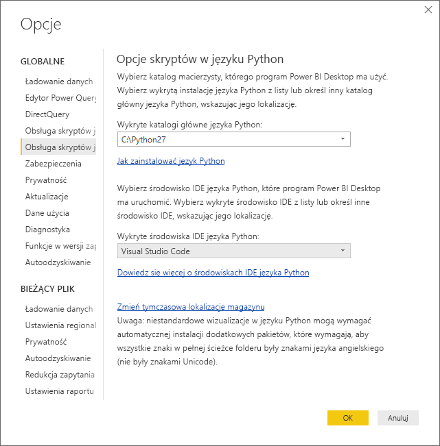 Screenshot of the Options dialog, showing Visual Studio Code entered in the Detected Python IDE field.