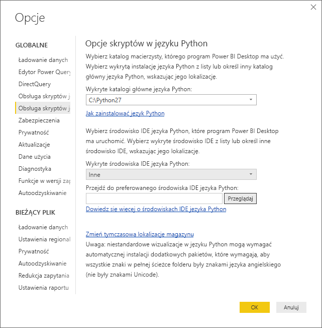 Screenshot of the Options dialog, showing Other entered in the Detected Python IDE field.