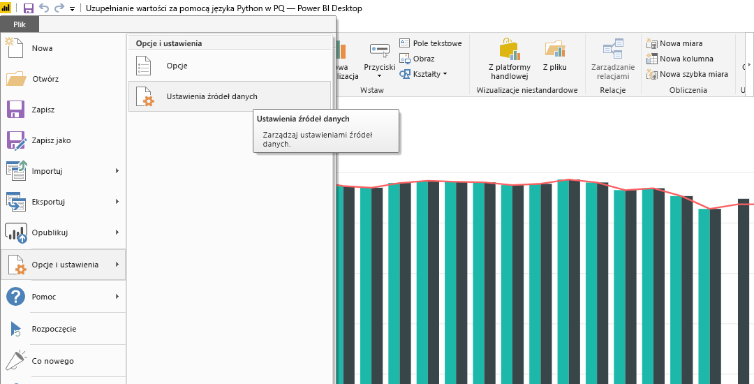 Screenshot of the File menu in Power BI Desktop, showing the Data source settings selection.