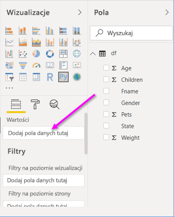 Zrzut ekranu przedstawiający tutaj pozycję Przeciągnij do dodaj pola danych.