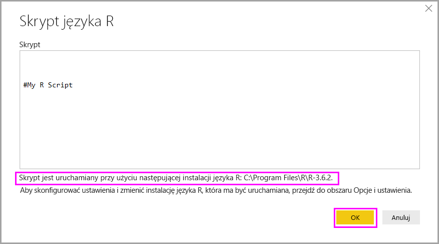 Screenshot shows the R script dialog in Power BI Desktop with R installation information highlighted.