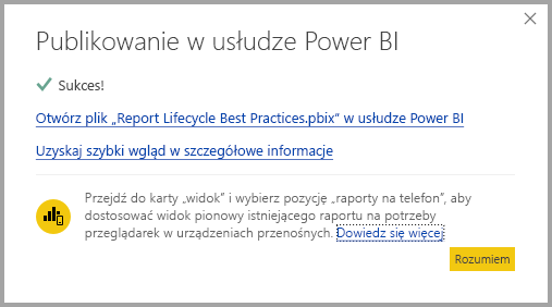 Zrzut ekranu przedstawiający pomyślne opublikowanie.