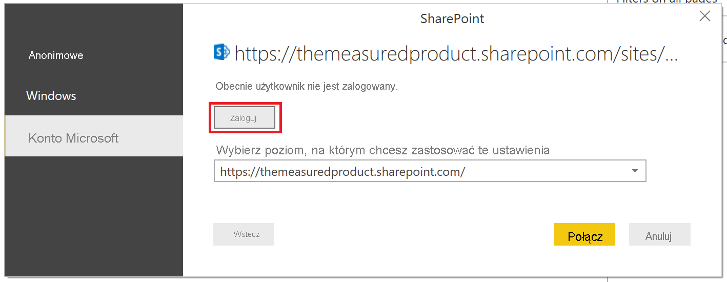 Zrzut ekranu przedstawiający przycisk logowania w celu uzyskania dostępu do programu SharePoint.