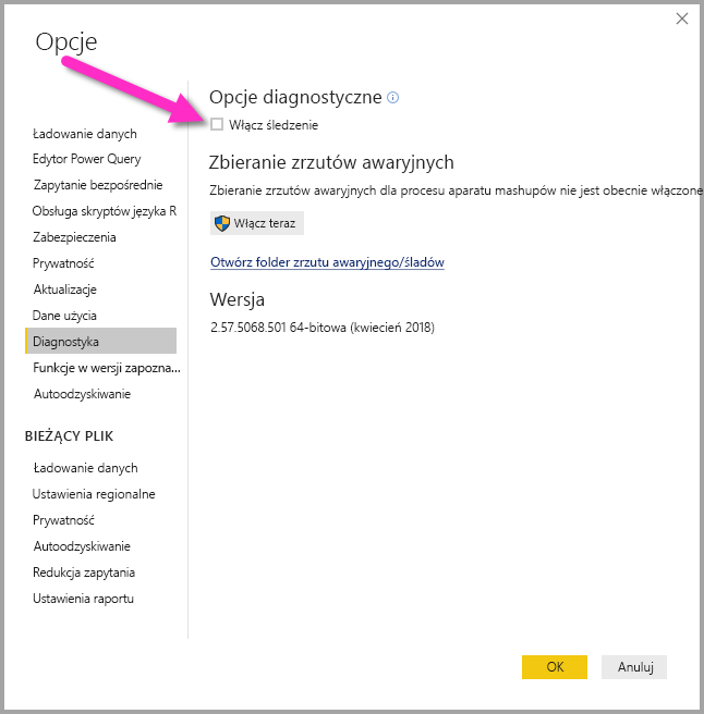 Screenshot shows the option to enable tracing in Power BI Desktop.