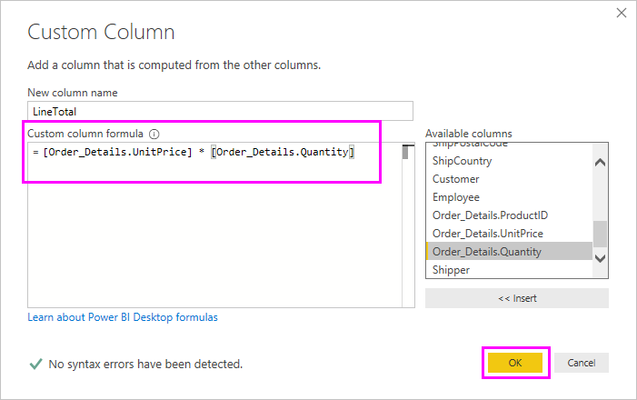 Screenshot that highlights the New column name and Custom column formula fields.