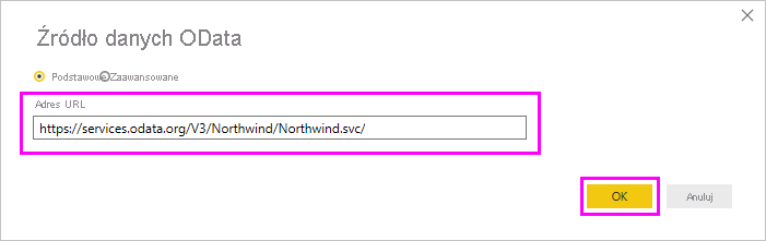 Screenshot that highlights the URL field in the OData feed dialog box.