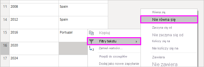 Zrzut ekranu przedstawia menu kontekstowe z filtrami tekstowymi i nie równa się zaznaczone.