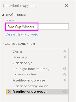 Zrzut ekranu przedstawiający ustawienia zapytania o wprowadzonej nazwie Zwycięzcy Pucharu Euro.