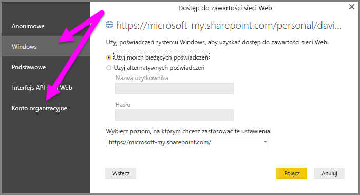 Screenshot of the Power BI Desktop credential prompt, showing Windows or Organizational account selection.