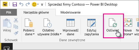 Zrzut ekranu przedstawiający wstążkę Narzędzia główne w programie Power BI Desktop z zaznaczonymi opcjami Odśwież.