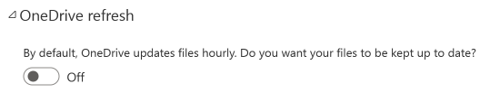 Zrzut ekranu przedstawiający przełącznik automatycznego odświeżania w usłudze OneDrive.