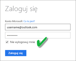 Zrzut ekranu przedstawiający okno dialogowe Logowanie z zaznaczonym polem Nie wylogowuj mnie.