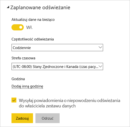 Zrzut ekranu przedstawiający okno dialogowe zaplanowanego odświeżania usługa Power BI.