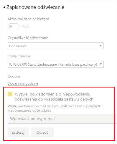 Zrzut ekranu przedstawiający sekcję w ustawieniach modelu semantycznego na potrzeby zmiany powiadomień o odświeżeniu wiadomości e-mail usługi Power BI.