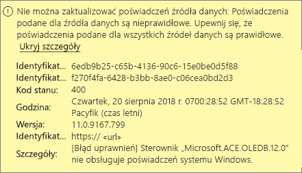 Zrzut ekranu przedstawia komunikat o błędzie poświadczeń źródła danych.