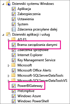 Zrzut ekranu przedstawiający dzienniki Zarządzanie danymi Gateway i PowerBIGateway w katalogu Dzienniki aplikacji i usługi.