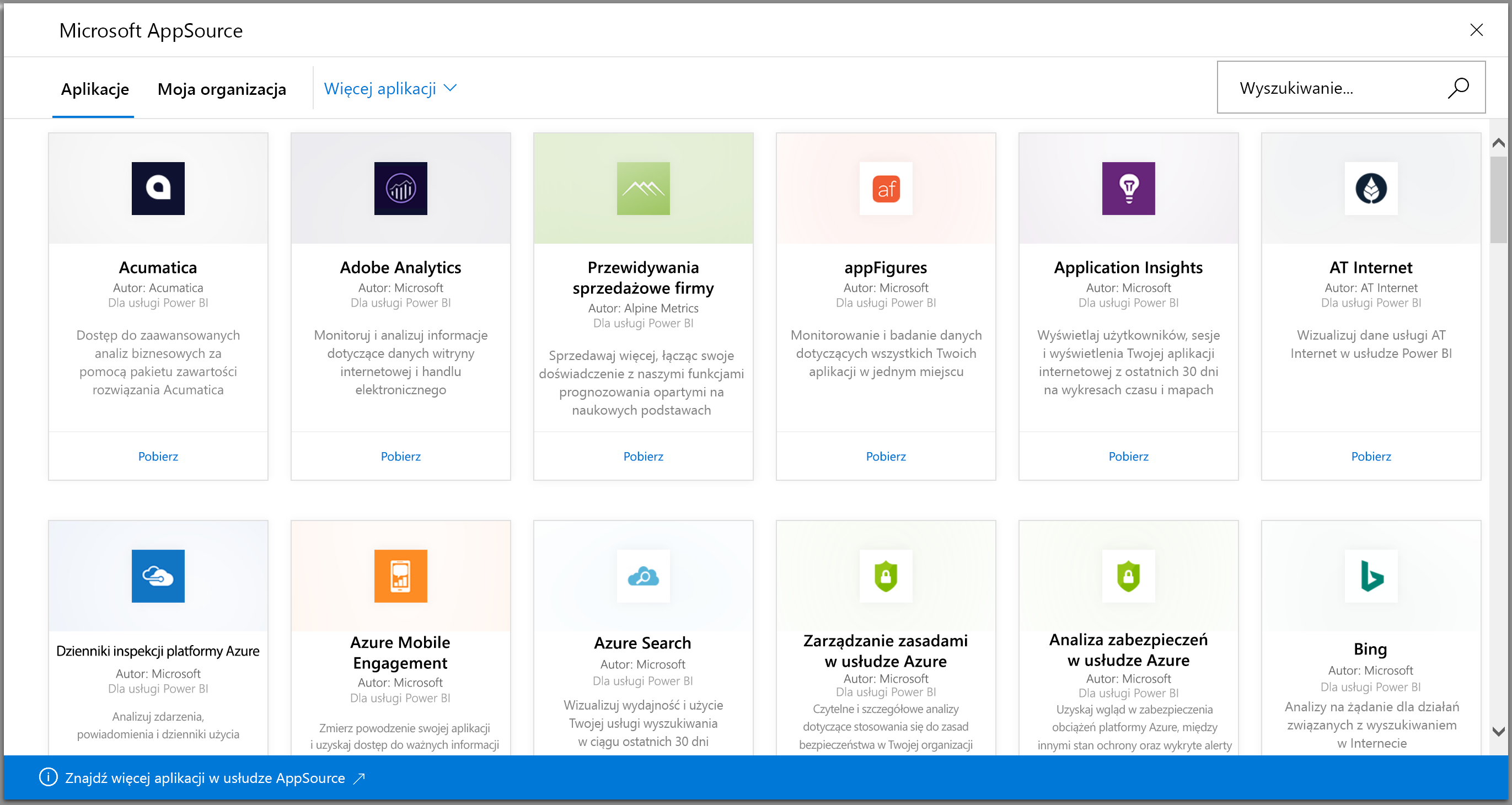 Screenshot shows Power BI apps that you can get.